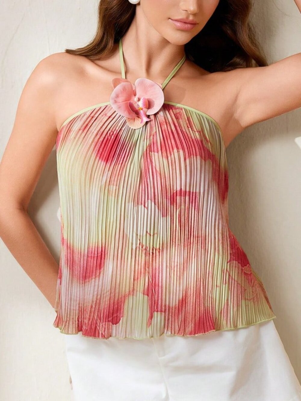 Multicolor Boho Women's Pleated Print Sleeveless Halter Neck Top - Picture 4 of 8